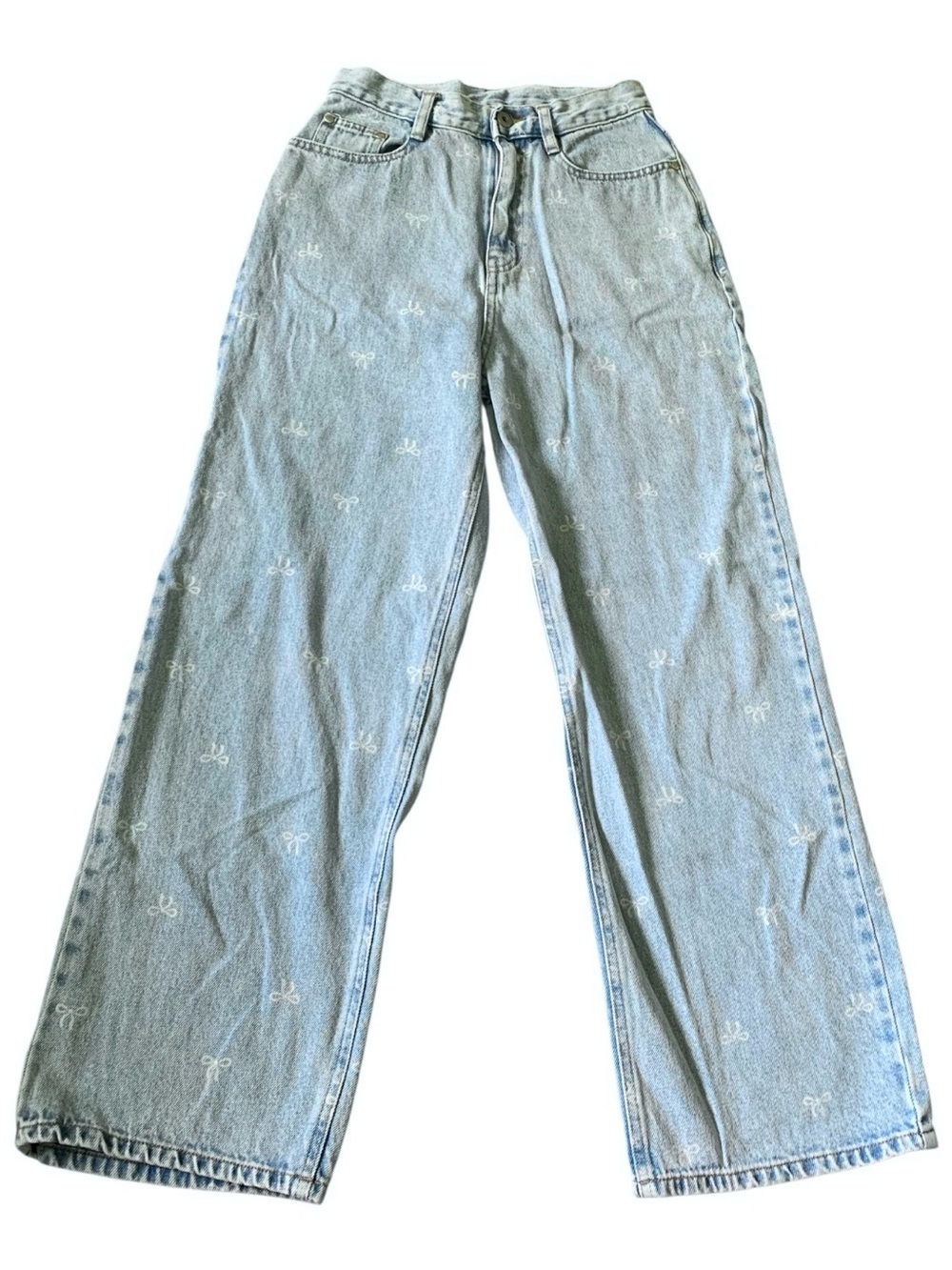 earth music & ecology Ribbon Bow Print Wide Leg Jeans Light Wash Denim Size S
